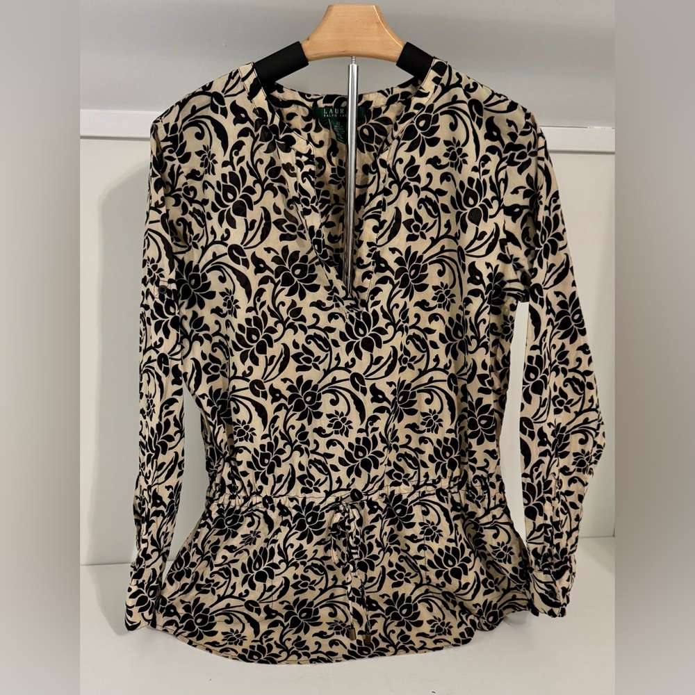 Lauren Ralph Lauren Tan N Black Floral Pattern Drop Waist Blouse Tunic Pockets M